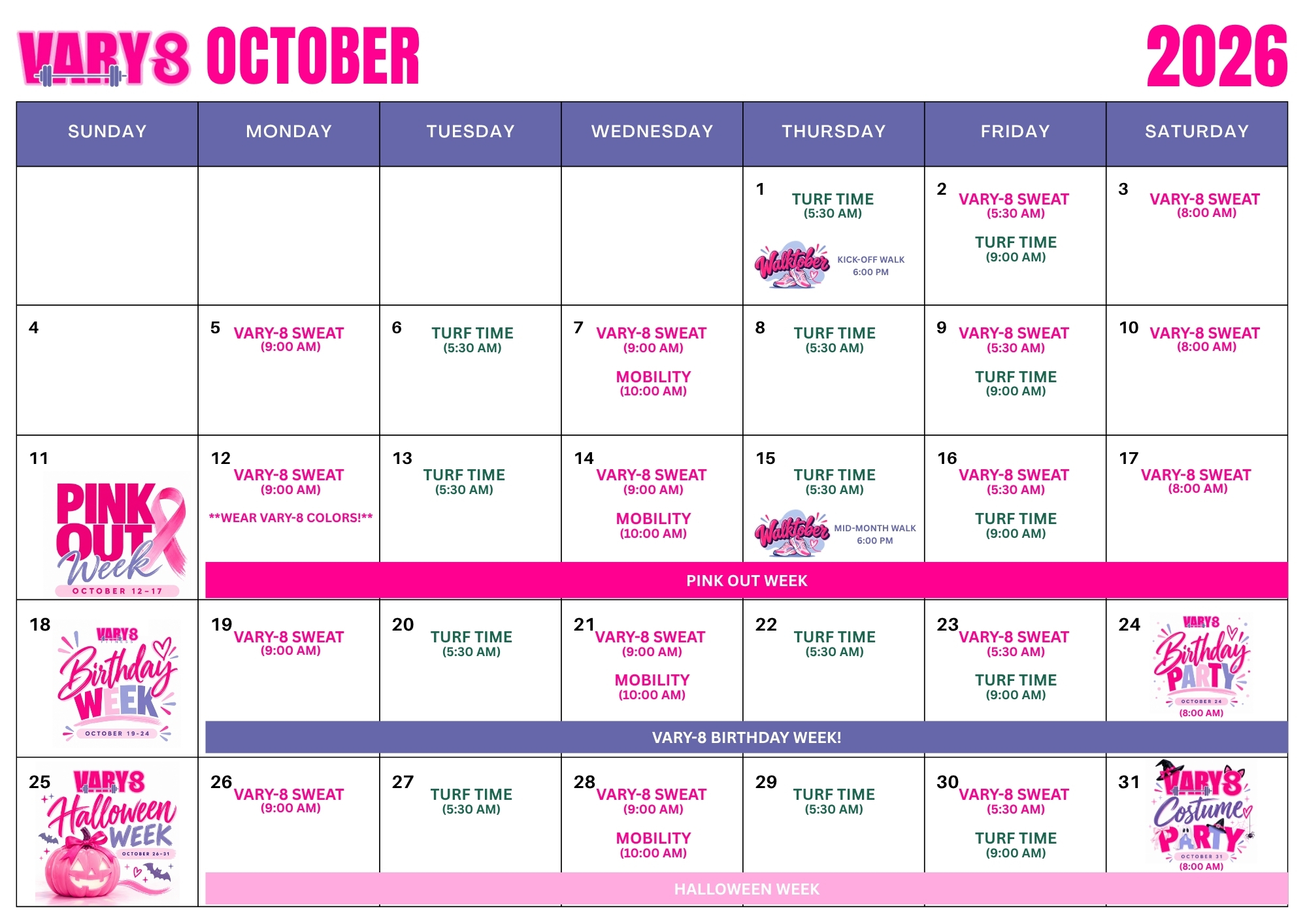 Vary-8 October 2026 calendar: classes, Pink Out Week, Vary-8 Birthday Week, Halloween Week, and Walktober events